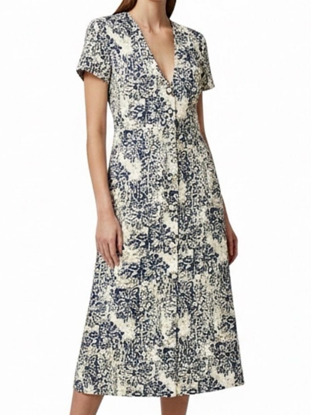 Vintage 80s 90s beige tan blue floral button front short sleeve maxi dress